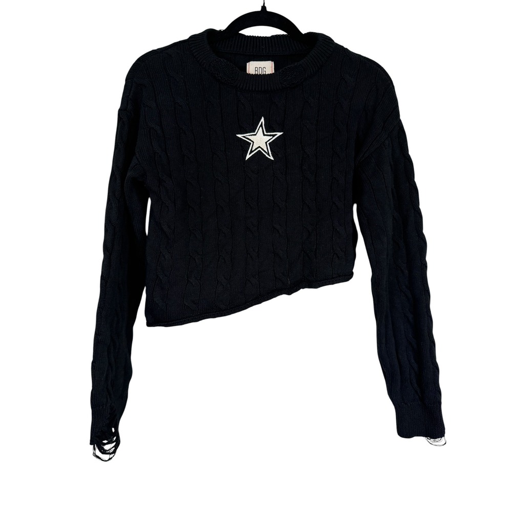 BDG Black Cable Knit Star Patch Asymmetrical Hem Distressed Sweater Small